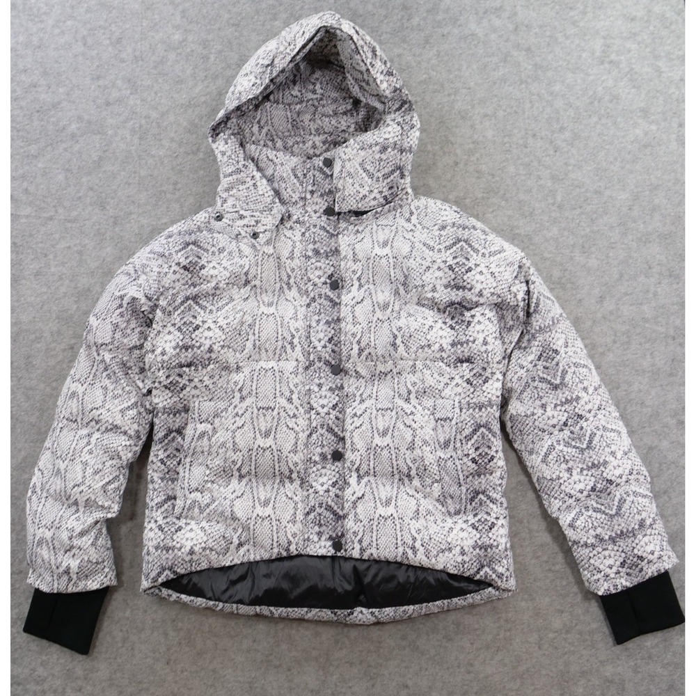 Varley Puffer Jacket Womens Medium White Black Snake Print Hooded Down
